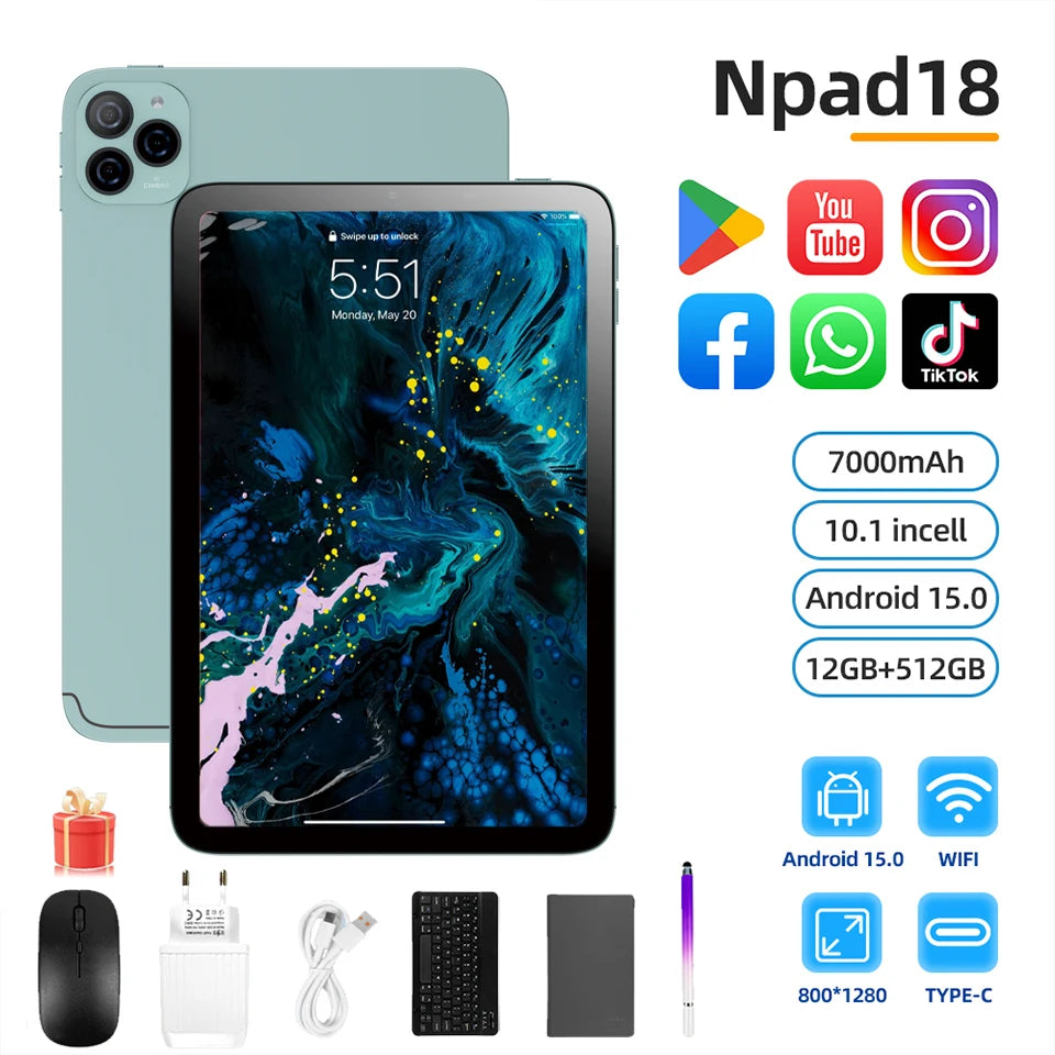 NPad 18 Pro 10.1 pulgadas Tablet Pad 1280*800 HD 12GB 512GB Android 14.0 7000mAh doble WIFI BT5.0 Tabletas con doble tarjeta SIM y doble cámara
