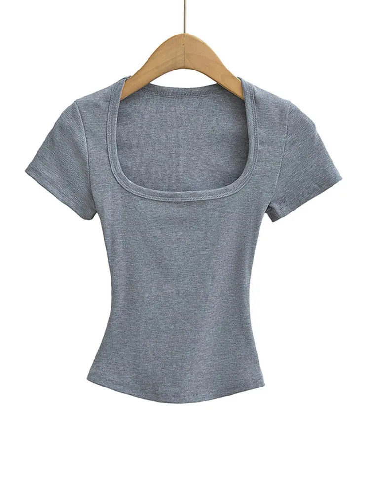 Haut Court Col Carré Femme — Coupe Cintrée, Extensible, Manches Courtes, Sexy Été