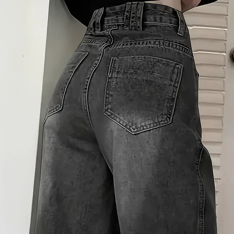 Women's high-waisted jeans, streetwear, designer, wide leg, classic grey, gothic, straight pants, fashion