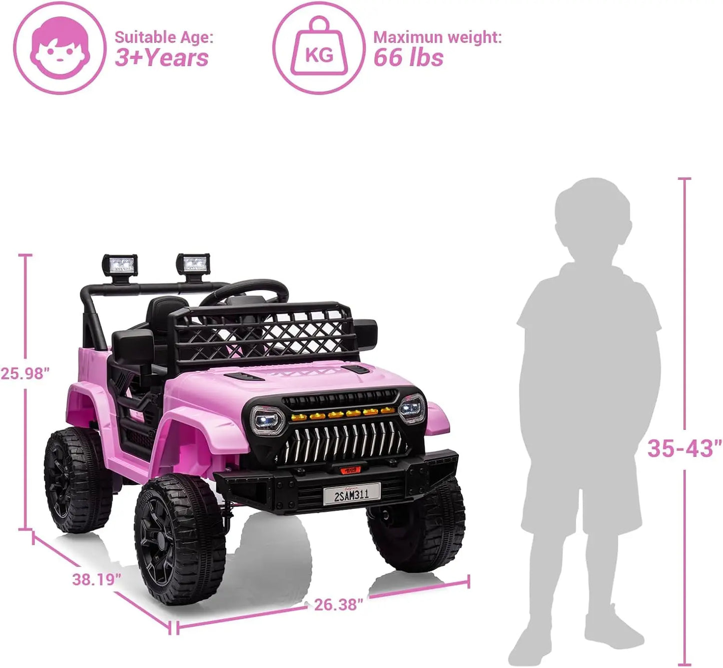 Voiture Enfants 12V Télécommande 3 Vitesses — Lumières LED Musique Port USB Batterie