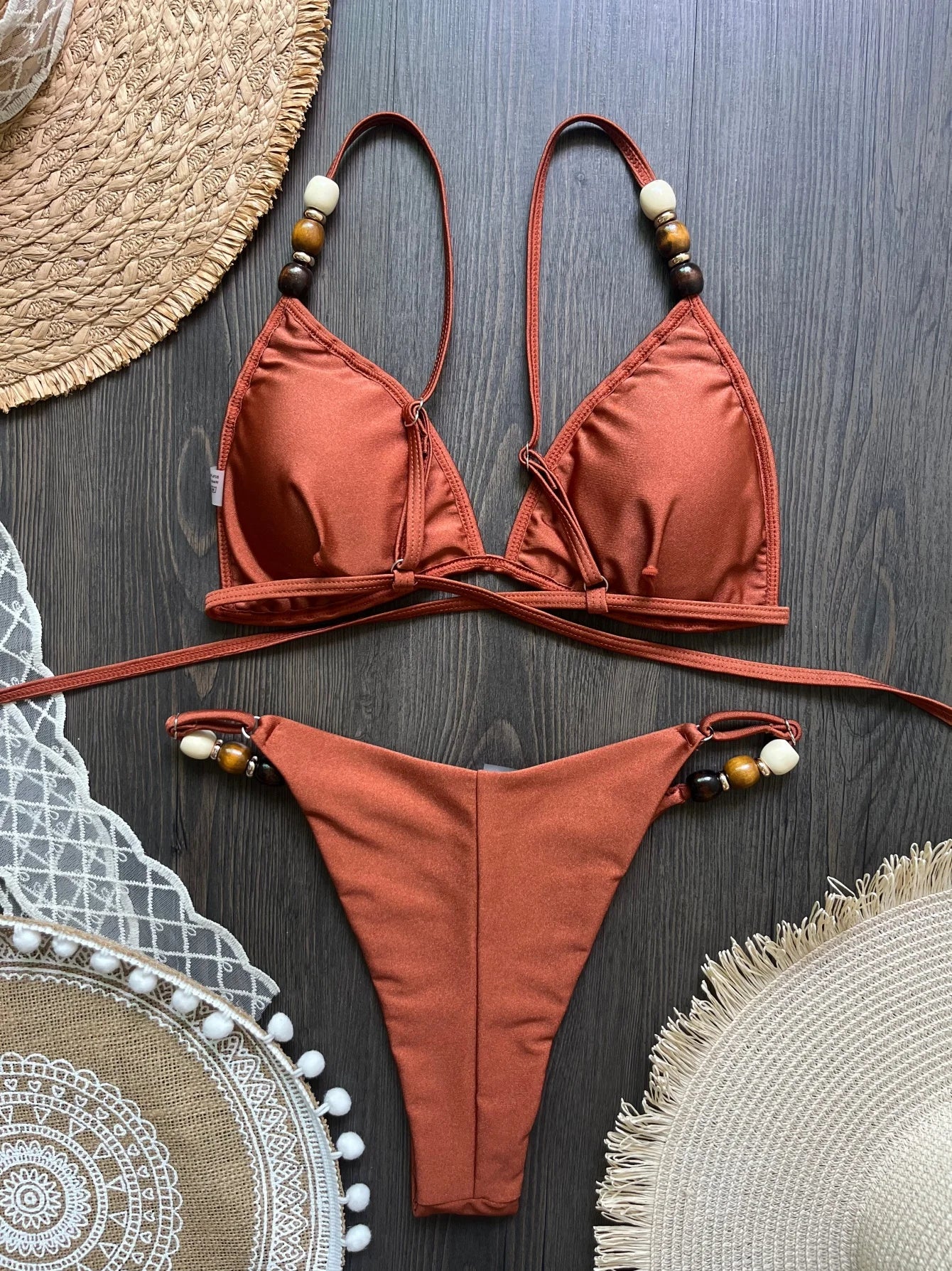 Sexy marron Bikini ensemble 2026 femmes perles sangle trou sur Push Up soutien-gorge string maillot de bain brésilien plage maillot de bain Micro maillots de bain