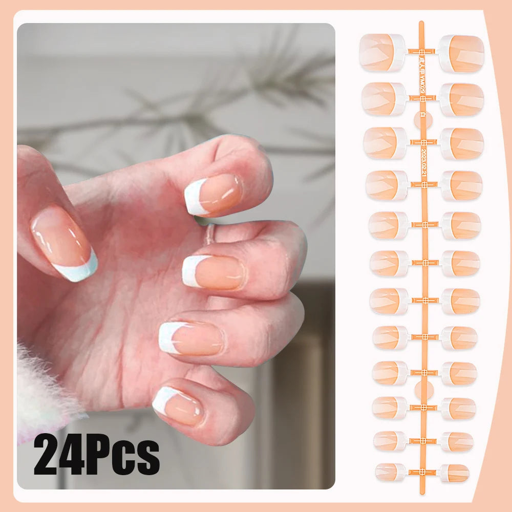 24 pièces/ensemble français rose carré court faux ongles presse sur ongles bord blanc nu rose ongles conseils couverture complète portable pointe française