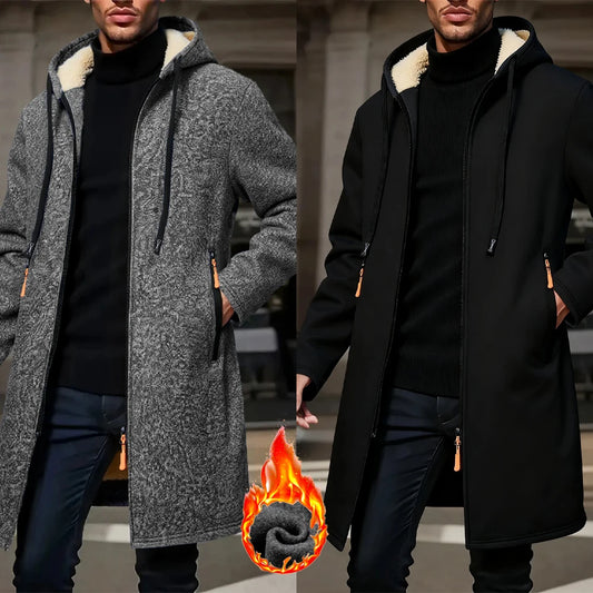 Manteau Long chaud d'hiver pour hommes, veste à fermeture éclair, coupe-vent en polaire épaisse, pardessus coupe-vent décontracté, couleur contrastée, veste à capuche