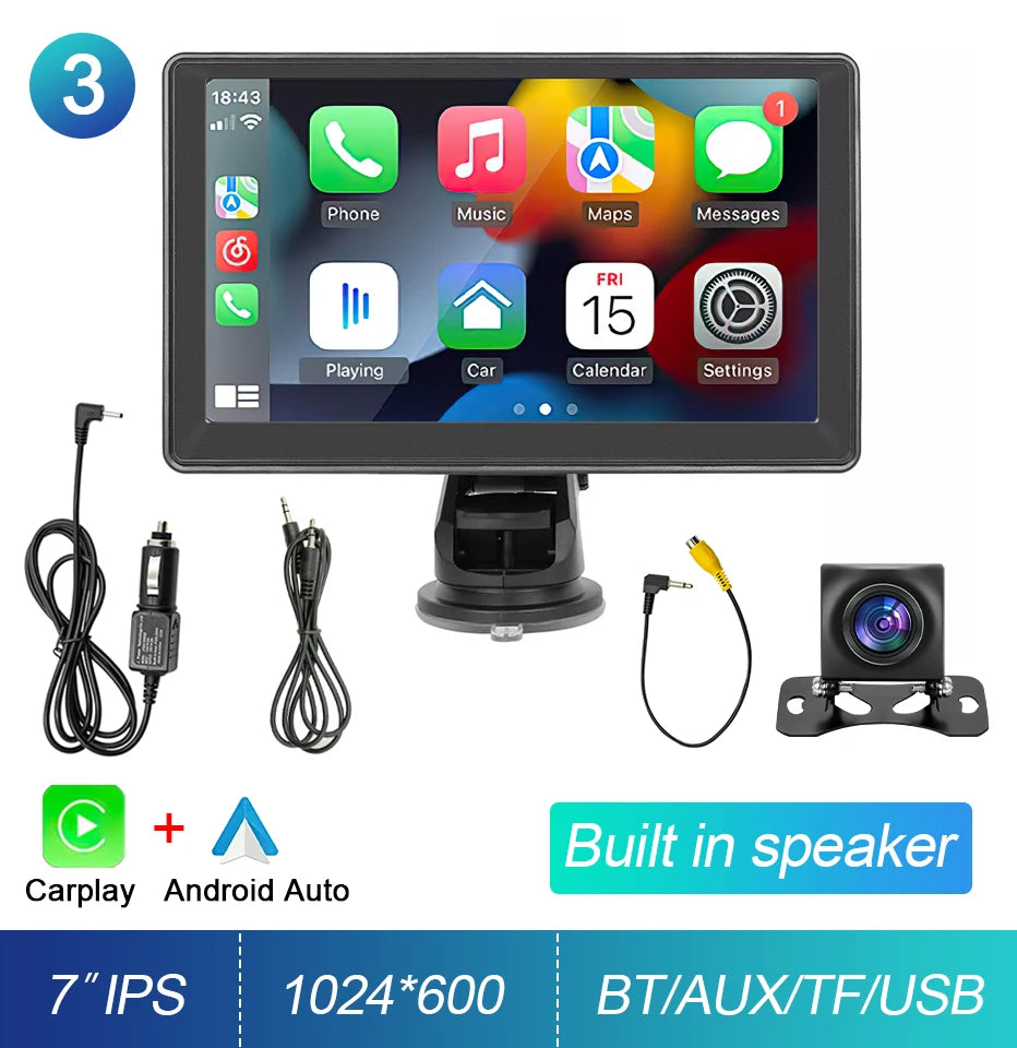 Pantalla táctil portátil de 7 pulgadas IPS CarPlay Android Auto, radio para coche, reproductor de video multimedia, navegación GPS, WiFi, cámara de marcha atrás