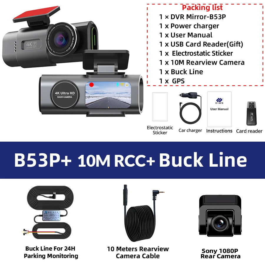 Cámara de salpicadero 4K GPS WIFI APP 24H Visión nocturna Mini lente trasera opcional Dashcam coche DVR grabador de video cámara para coche caja negra