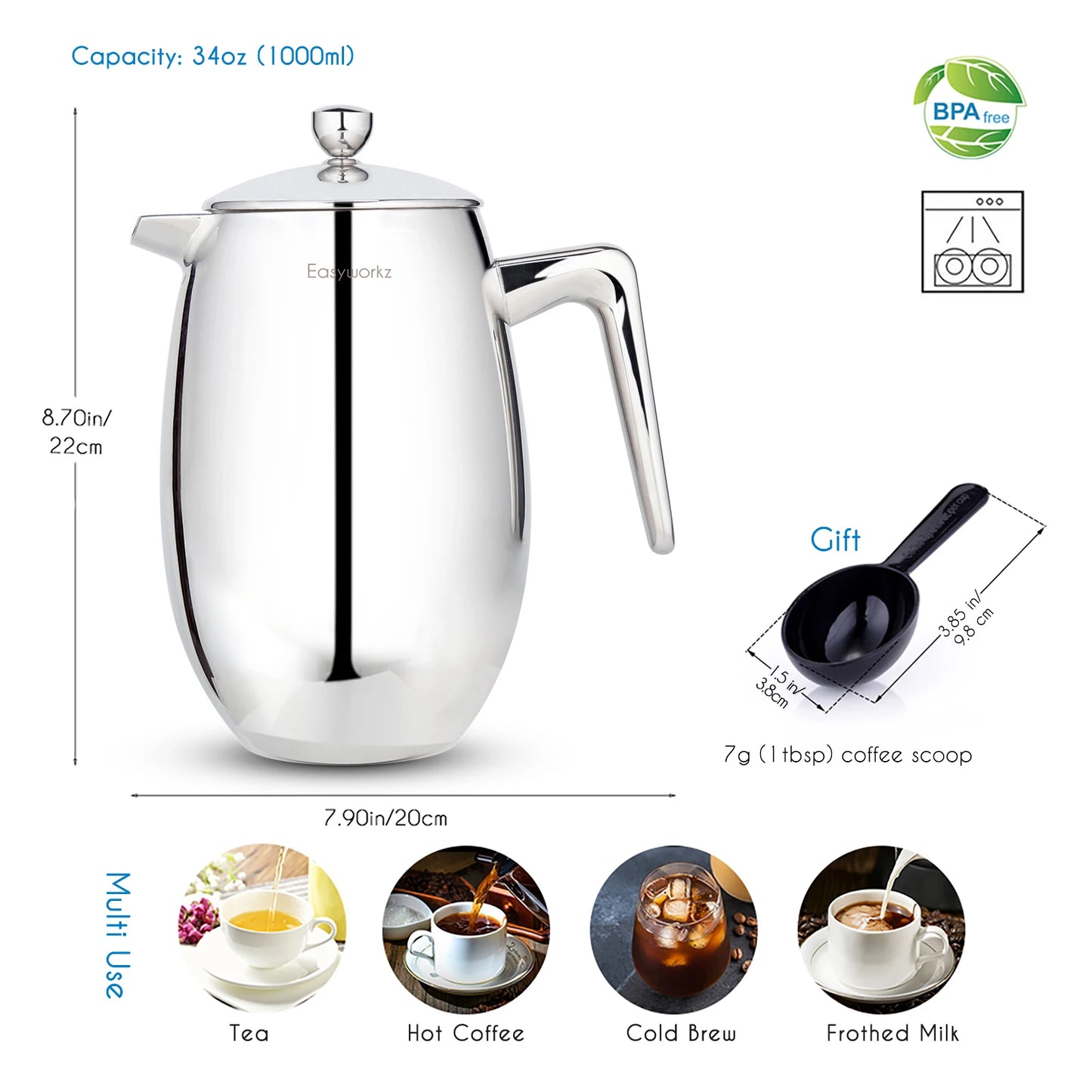 Cafetière French Press thermique à double paroi en acier inoxydable 304 — isolation, voyage