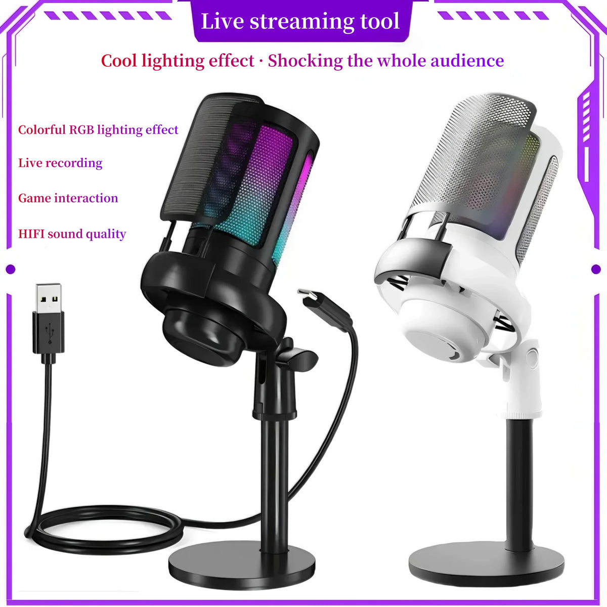 Microphone USB Professionnel à Condensateur RGB — Enregistrement, Gaming, Streaming Direct