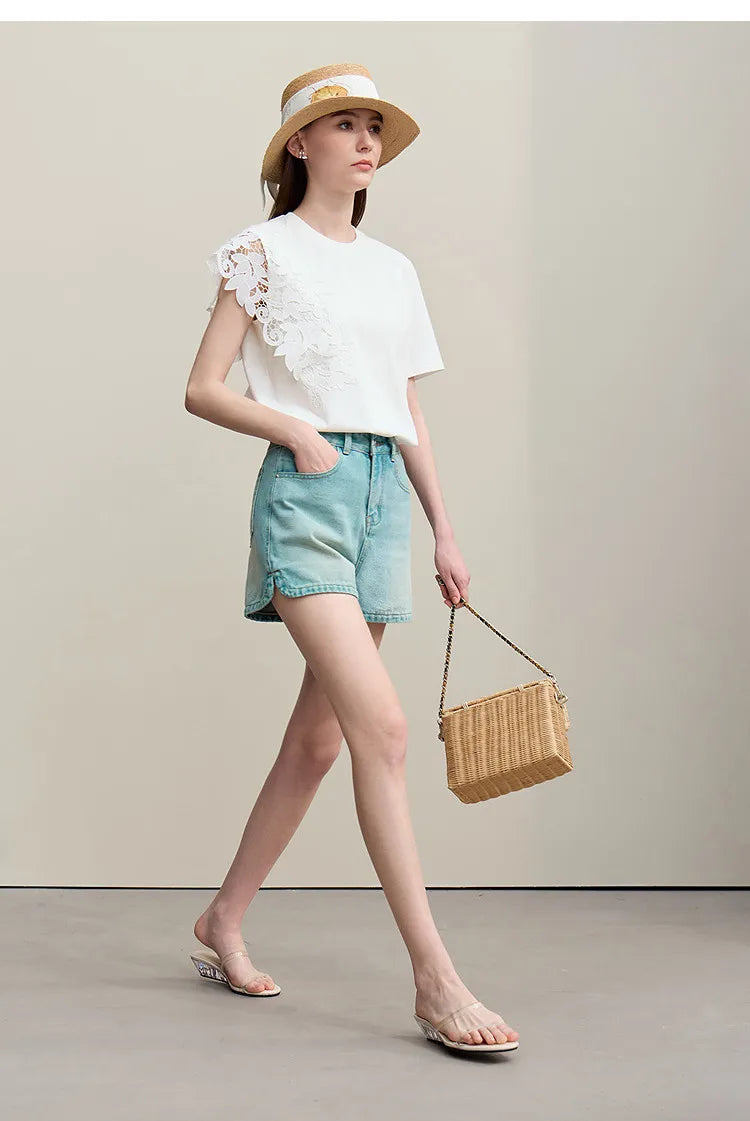 T-shirt femme 2026 été — col rond, coton, anti-transpiration, dentelle asymétrique, ample, manches courtes