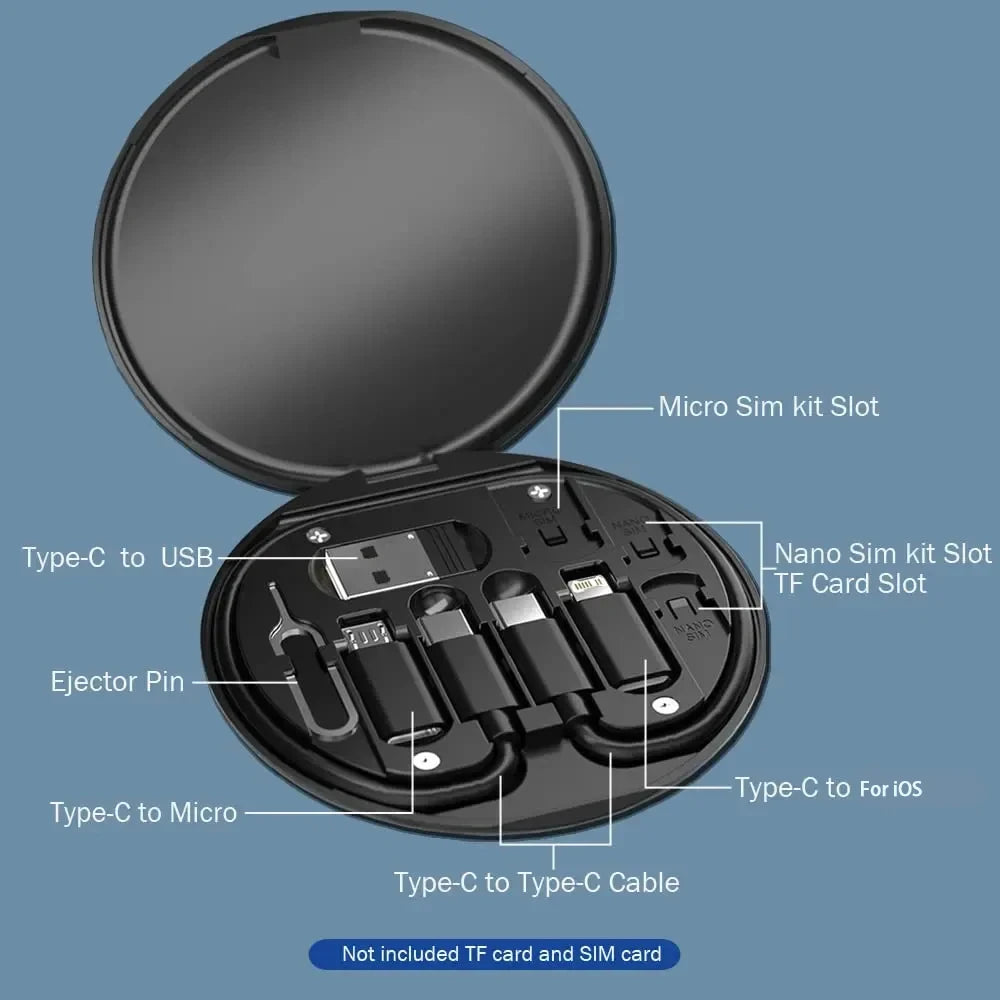 PD 60W multifuncional USB Tipo C cable de datos de carga rápida para IPhone Xiaomi cargador caja de almacenamiento adaptador tarjeta pin caja de viaje