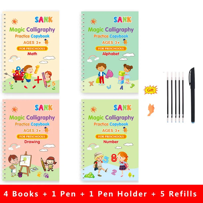 Cahier de pratique magique pour enfants — stylo, calligraphie, écriture réutilisable, préscolaire