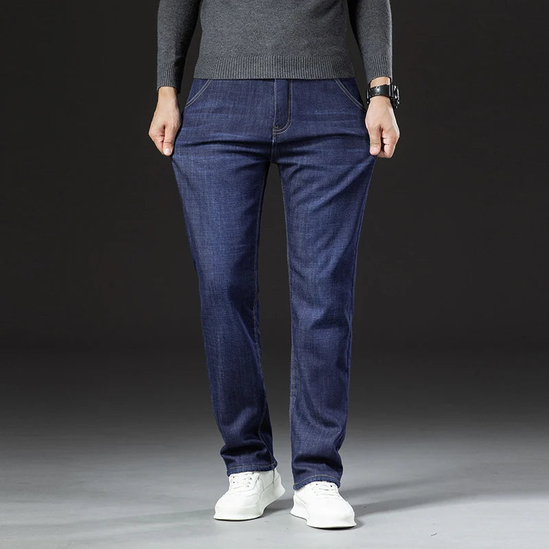 Winter Lamb Plush Denim Straight Pants Men Thicken Plus Size 40 High Waist Jeans Stretch Warm Fleece Lined Slim Vaqueros