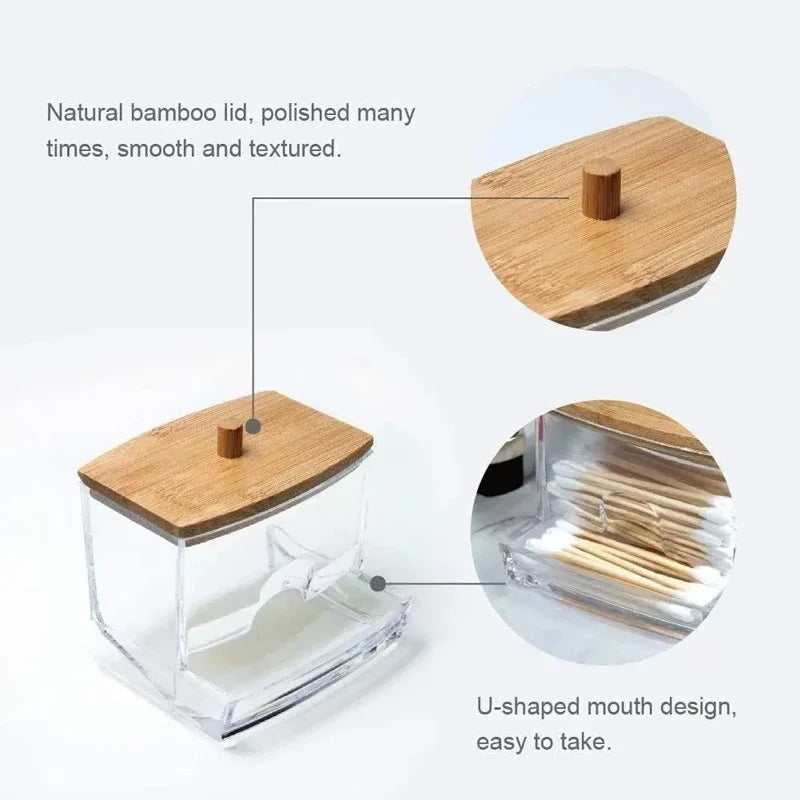 Cotton Swab Storage Box, Double Head Cotton Swab Container, Transparent Square Bamboo Lid, Toothpick Organizer Box