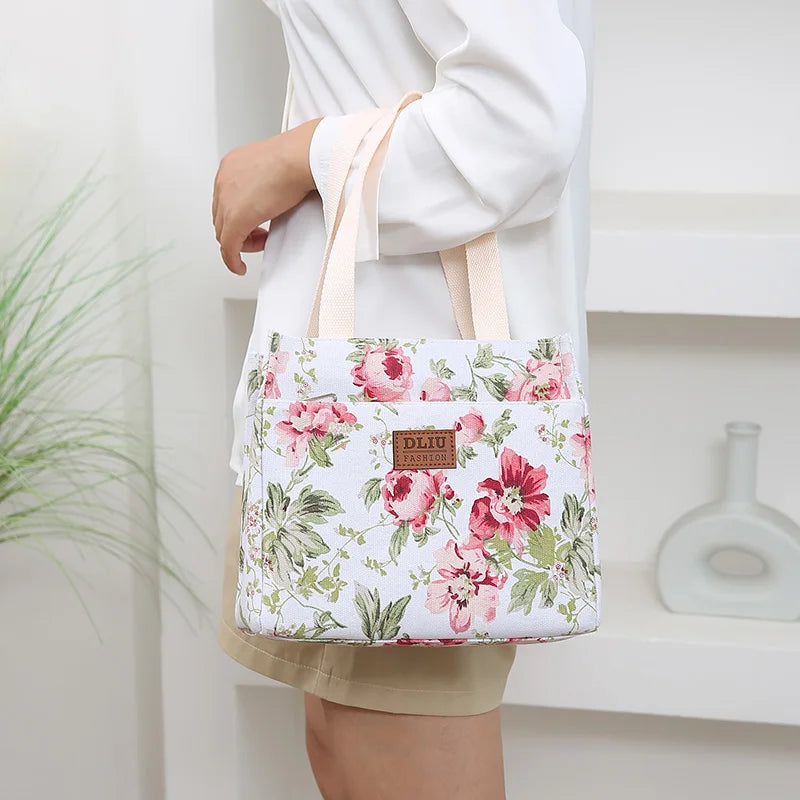Bolsa de almuerzo estética con estampado floral, bolsa bento aislada de gran capacidad, bolsa térmica para la escuela, el trabajo, los viajes y pícnic
