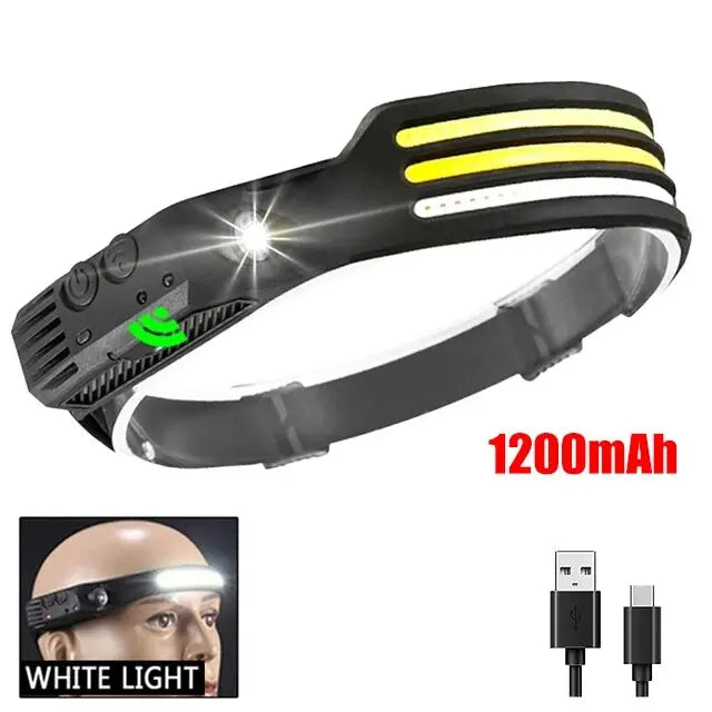 Lampe frontale de sauna à induction LED COB, batterie intégrée, lampe de poche aste USB, capteur de pêche, camping en plein air