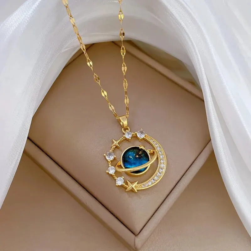 Collier planète ciel étoilé — étoile et lune, chaîne de clavicule polyvalente, acier inoxydable, femme