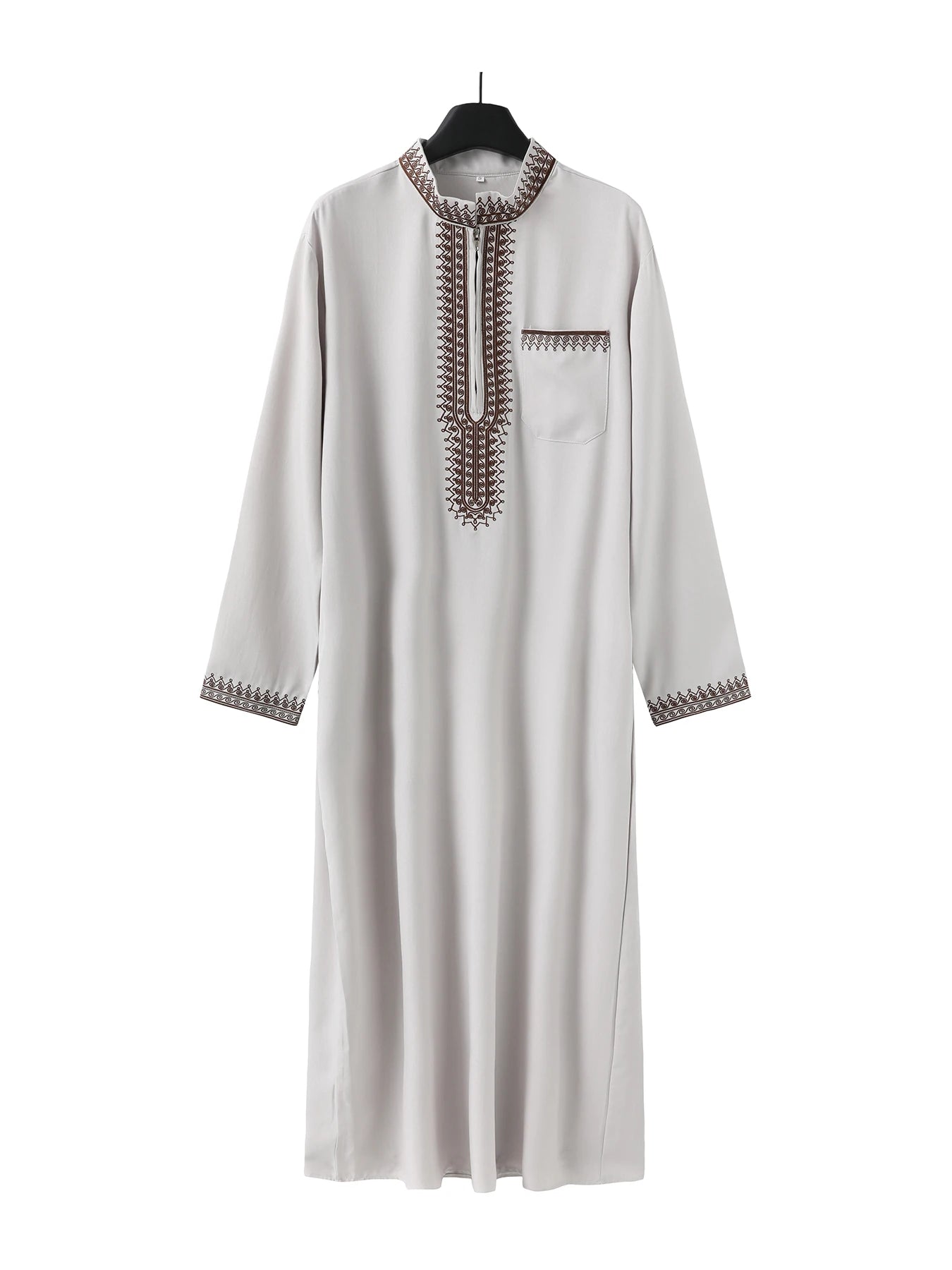 Thobe pour hommes marocain, manches longues style ethnique brodé col montant conception de fermeture éclair hommes musulmans à la mode Abaya fest arabe
