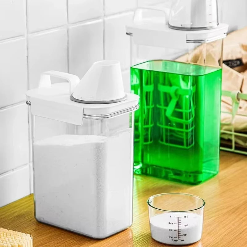 Distributeur hermétique de détergent à lessive, boîte de rangement de poudre, récipient de liquide de poudre à laver transparent avec couvercles, pot