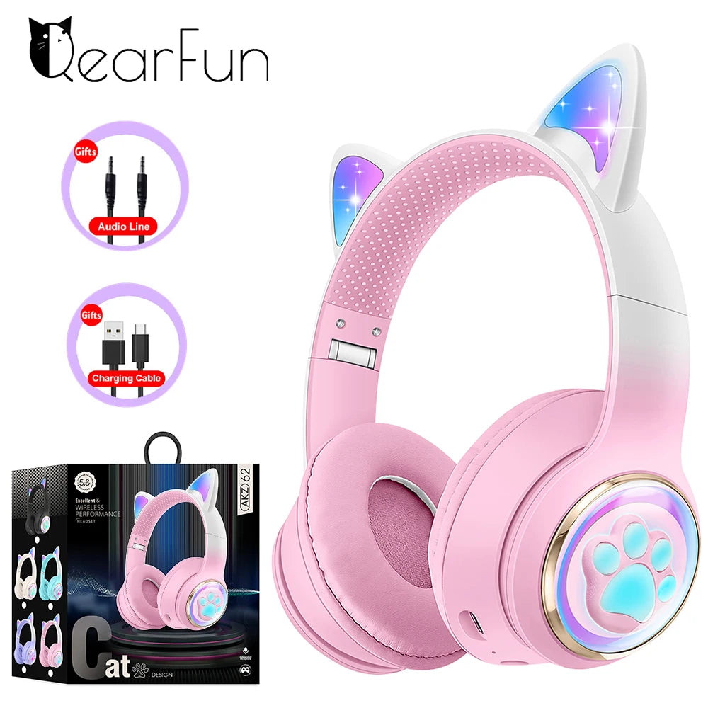 Auriculares inalámbricos RGB con orejas de gato para PC, lindos, cápsula espacial 3D, auriculares Bluetooth, auriculares plegables para juegos, regalos para niñas
