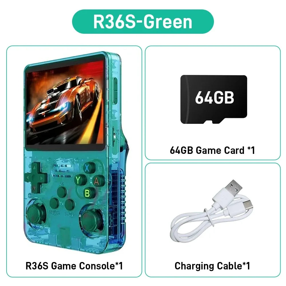 R36S ARKOS Consola de videojuegos portátil retro de 3,5 pulgadas IPS con múltiples colores disponibles, pantalla de reproductor portátil, 64GB de juegos