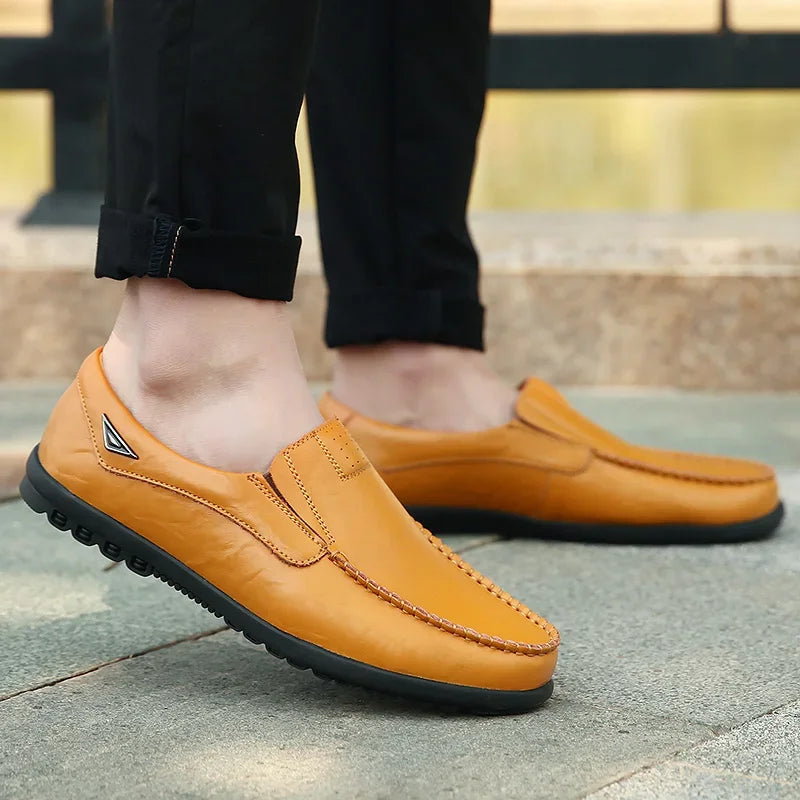 Men's Genuine Leather Casual Breathable Slip-On Black Driving Shoes, Plus Size 46, 2023