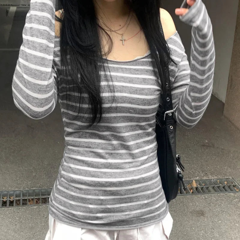 Camiseta de manga larga a rayas para mujer, nuevos modelos básicos japoneses, ajustada, sin tirantes, estilo callejero coreano y2k, primavera otoño