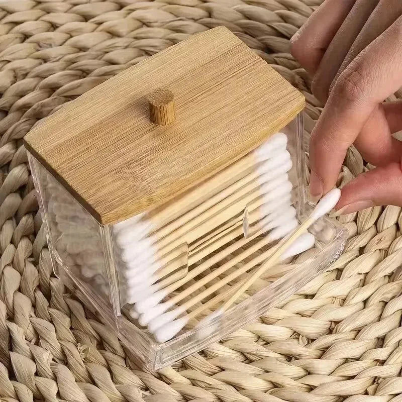 Cotton Swab Storage Box, Double Head Cotton Swab Container, Transparent Square Bamboo Lid, Toothpick Organizer Box