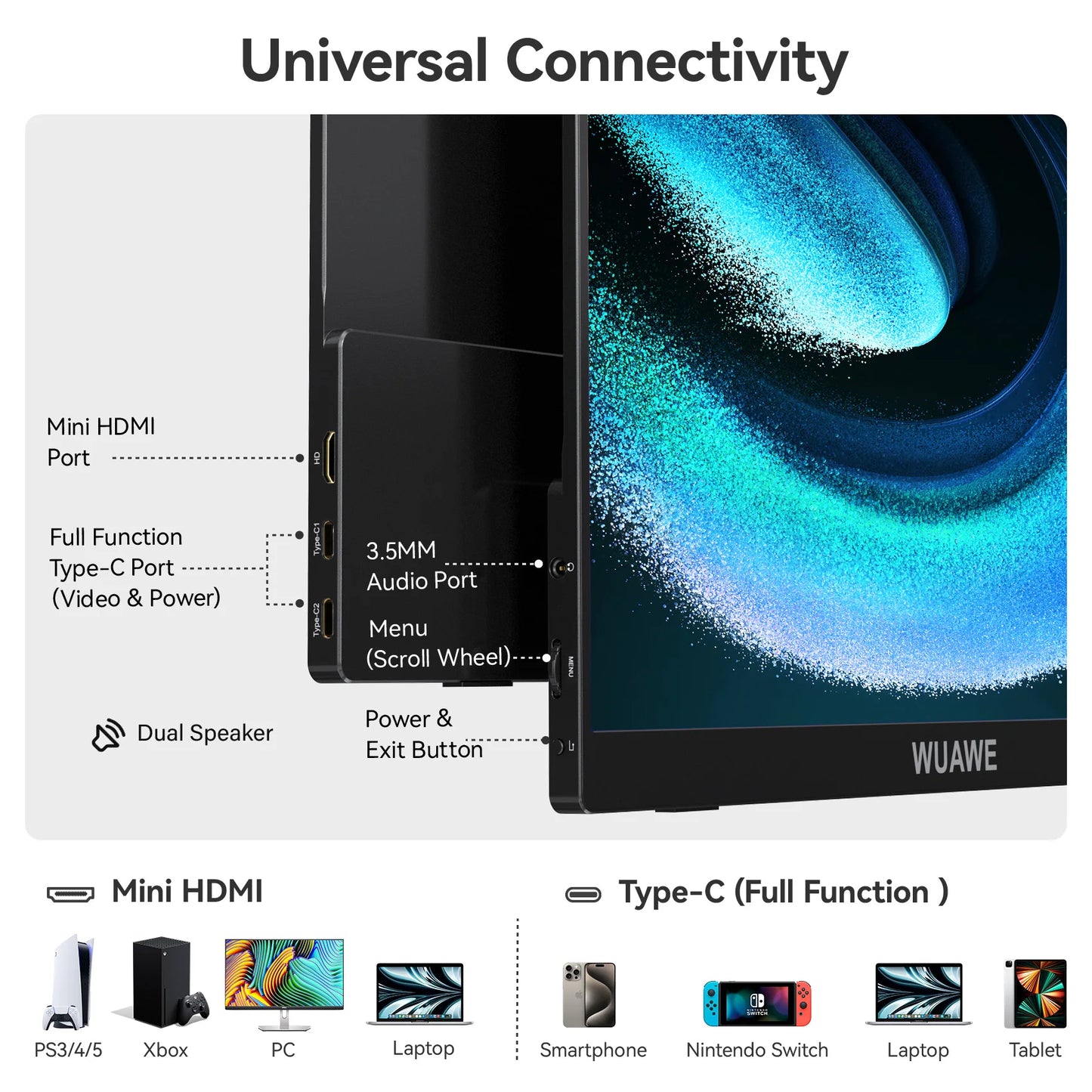 Moniteur portable 15,6 pouces 1080p — 72 NTSC, 100 sRGB, USB-C, HDMI, deuxième écran de voyage, HDR