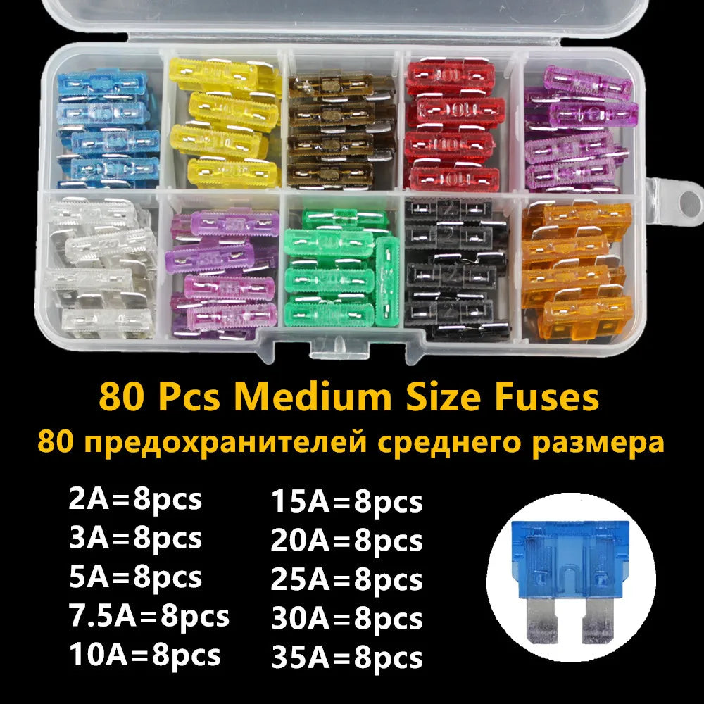 Mini fusibles de voiture automatiques moyens 2A/3A/5A/7.5A/10A/15A/20A/25A/30A/35A Amp avec mallette de rangement, Kit de jeu de fusibles à lame d'assortiment
