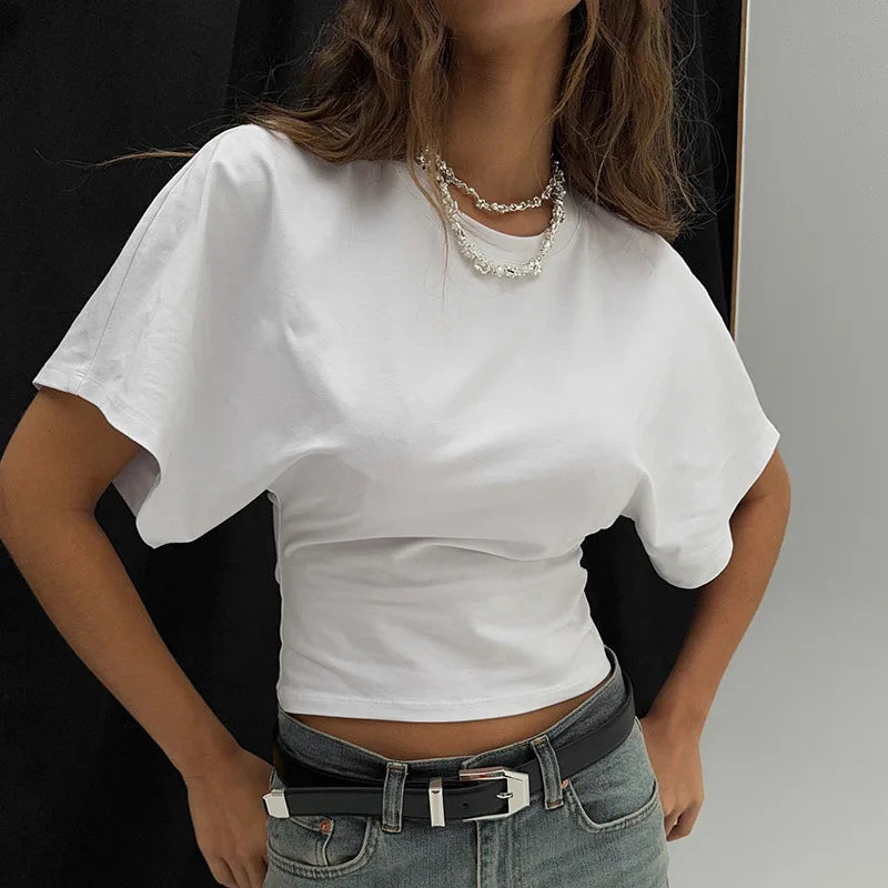 Camiseta crop gris sólido casual 2025 para mujer, ropa con cuello redondo, tops, corsé, streetwear para chicas, camisetas cortas de primavera y verano