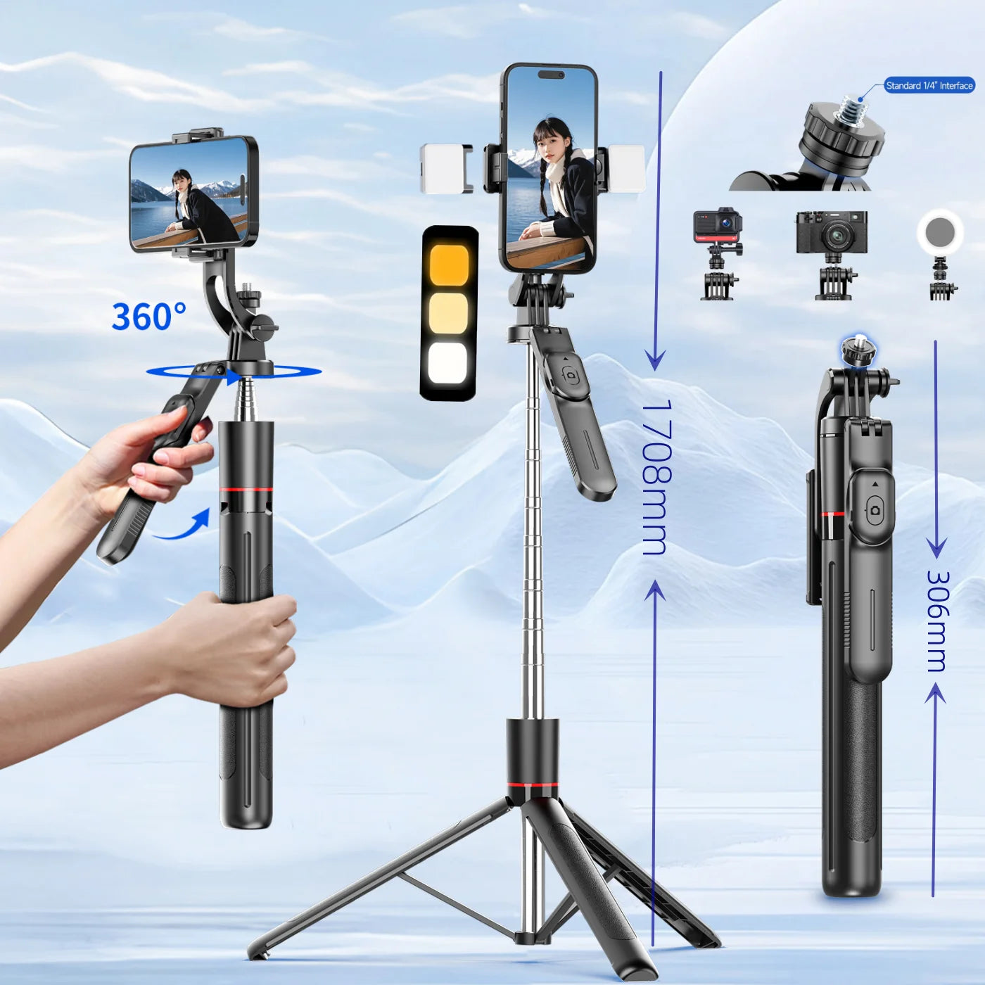 Trépied perche à selfie avec lumière de remplissage — 1708mm, télécommande Bluetooth, rotation 360°, interface 1/4