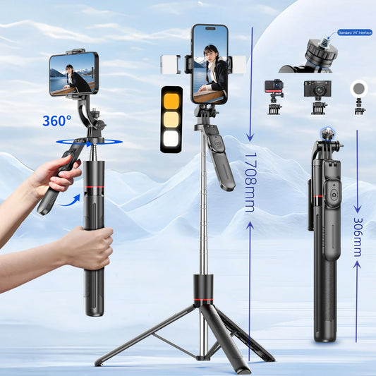 Trépied perche à selfie avec lumière de remplissage — 1708mm, télécommande Bluetooth, rotation 360°, interface 1/4