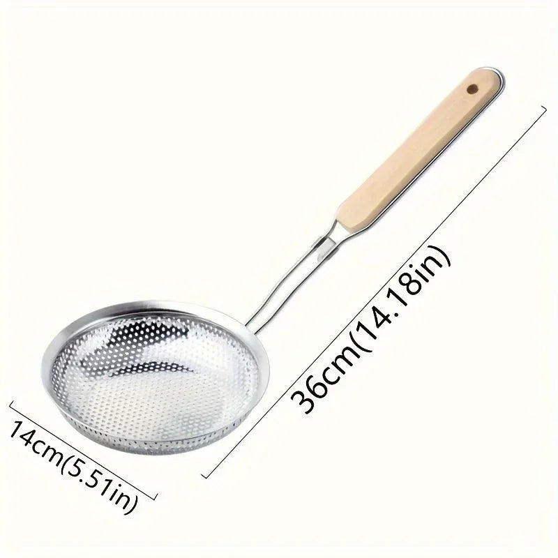 Colador de acero inoxidable con mango de madera, espumadera de malla fina, cuchara para cocinar, preparar alimentos, filtrar grasa para pasta y fideos