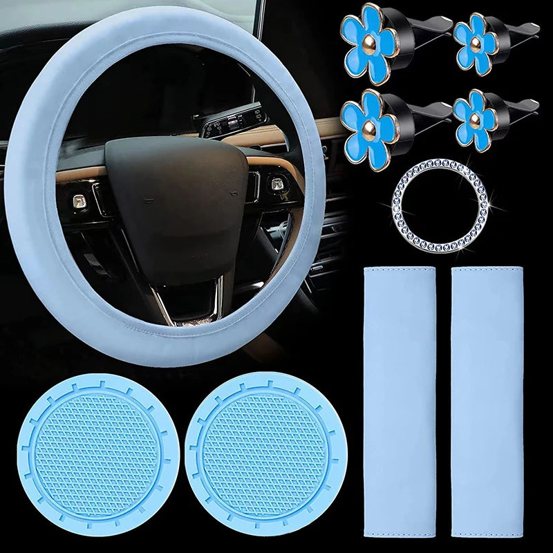 Housse Volant Cuir Femme 10 Pièces — Ensemble Accessoires Voiture Ceinture Porte-Gobelets