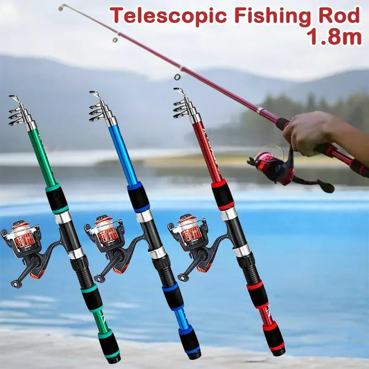 1.8m Portable cannes à pêche ensemble canne à pêche télescopique poche filature moulinet appâts fibre de verre mer pôle canne à pêche ensemble