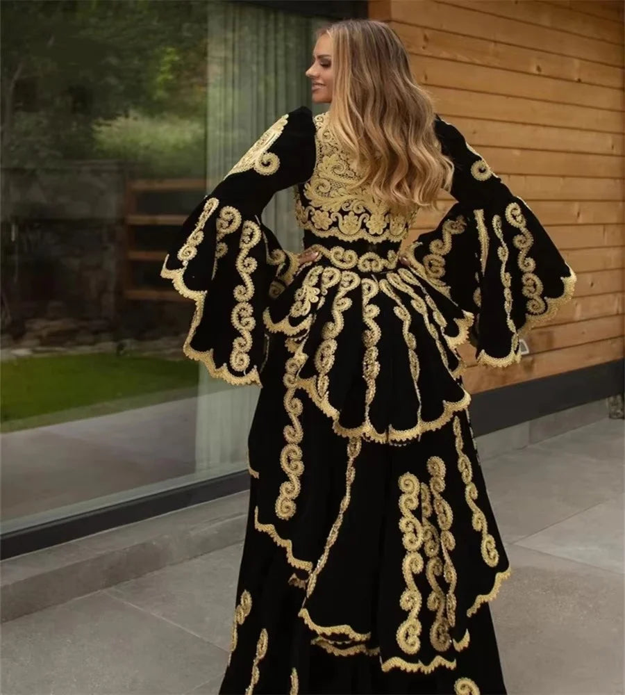 Robe de soirée traditionnelle kosovare albanaise 2025, Kaftan marocain à manches longues avec appliques dorées, Robe de bal musulmane arabe personnalisée
