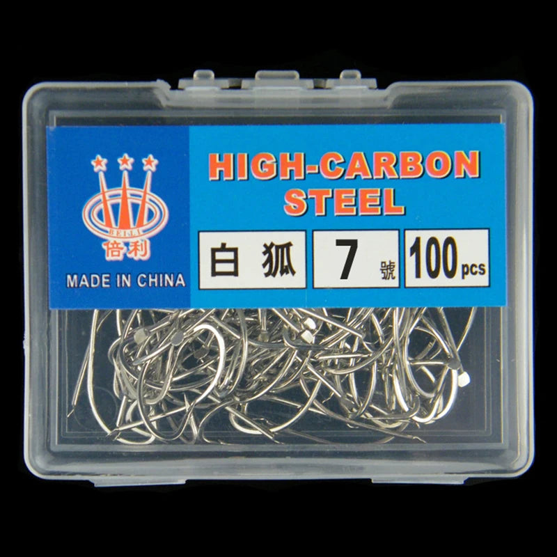 100pcs Barbed Silver High Carbon Steel Hooks for Fishing White Fox, Pelteobagrus Fulvidraco and Striped Catfish