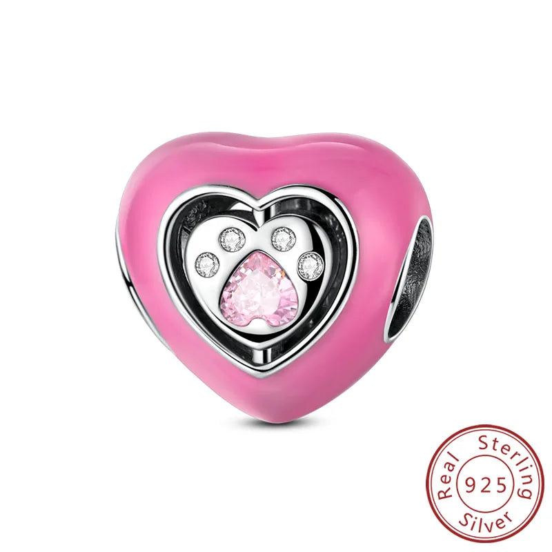 Abalorios de plata de ley 925 con huellas de perro, gato, corazón, animales, abalorios que se ajustan a pulseras, collares, colgantes, joyas para mujer, para hacer tú mismo