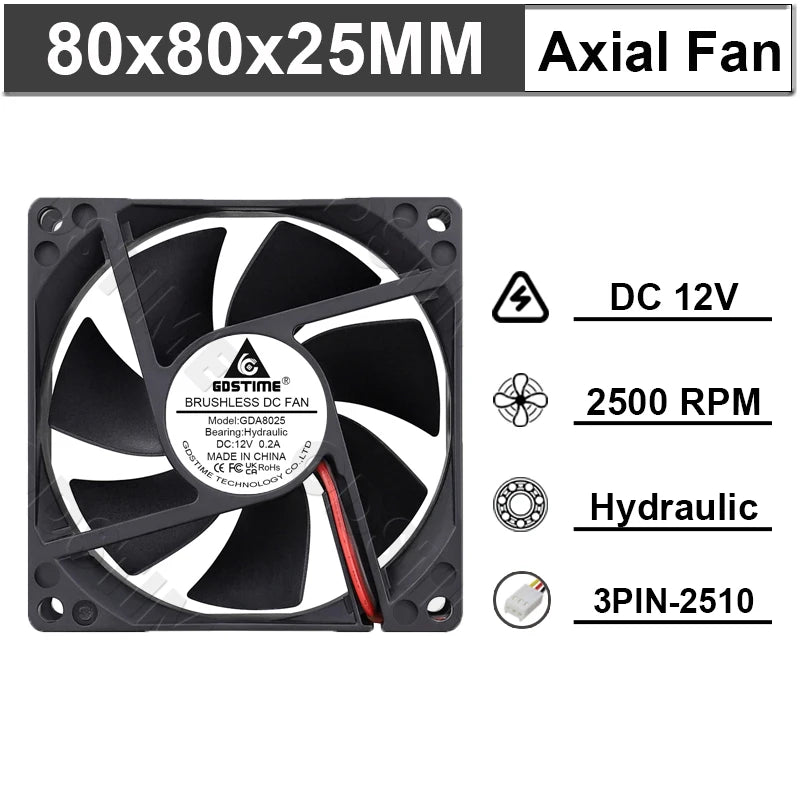 Ventilateur de refroidissement Gdstime 8025 2 broches 48V DC 5V 12V 24V 80mm, ventilateur axial USB à double roulement à billes 80x80x25mm, ventilateur de refroidissement pour boîtier PC 8CM