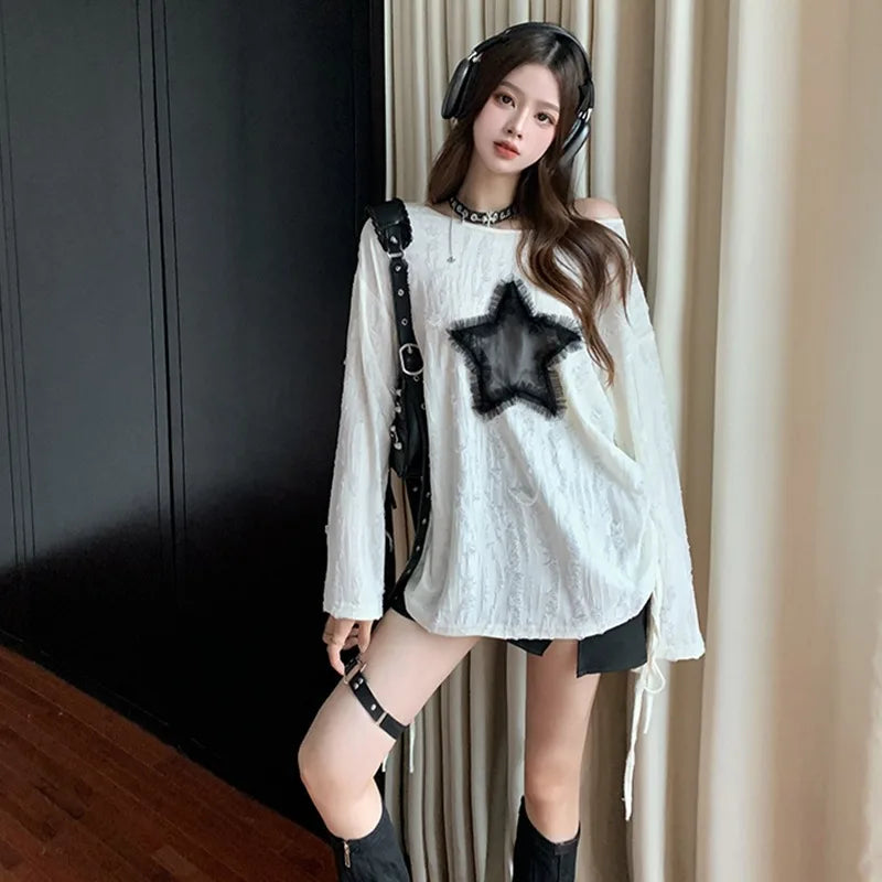 Liquidation_Harajuku trendy star hollow out long sleeve t-shirts Korean Kawaii Ropa Mujer casual Y2k t-shirt clothes